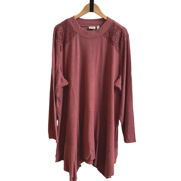 LOGO by Lori Goldstein Ribbed Lace Shoulder Tunic Top Dusty Rose Plus Size 5X - Picture 1 of 5